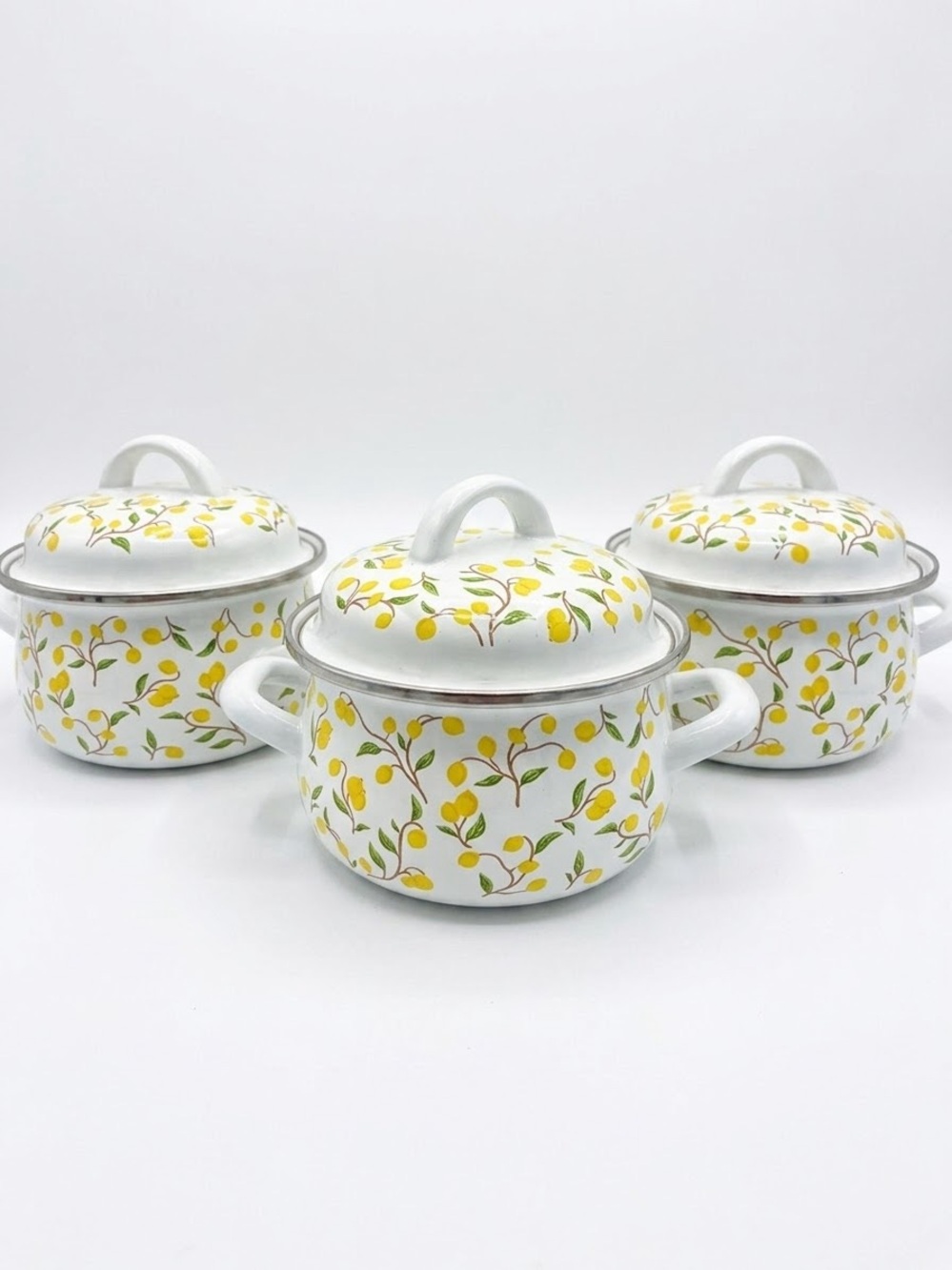 Lot Of 3 Crofton 1 -Quart Lemon Enamelware Double Handle W/Lid